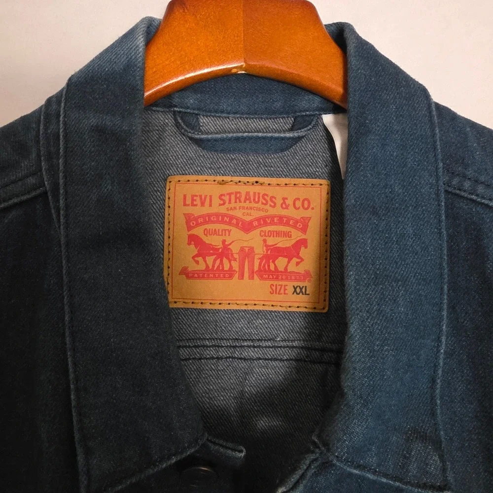 Levis Mens Trucker Denim Vest Dark Wash Blue Sleeveless Jacket XXL Raw Sleeve